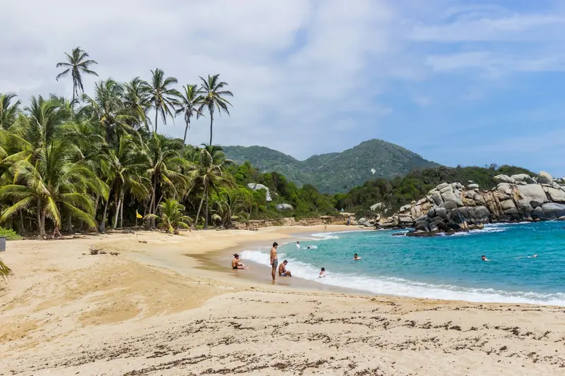 Playa con palmeras en el Parque Tayrona, cerca de Santa Marta